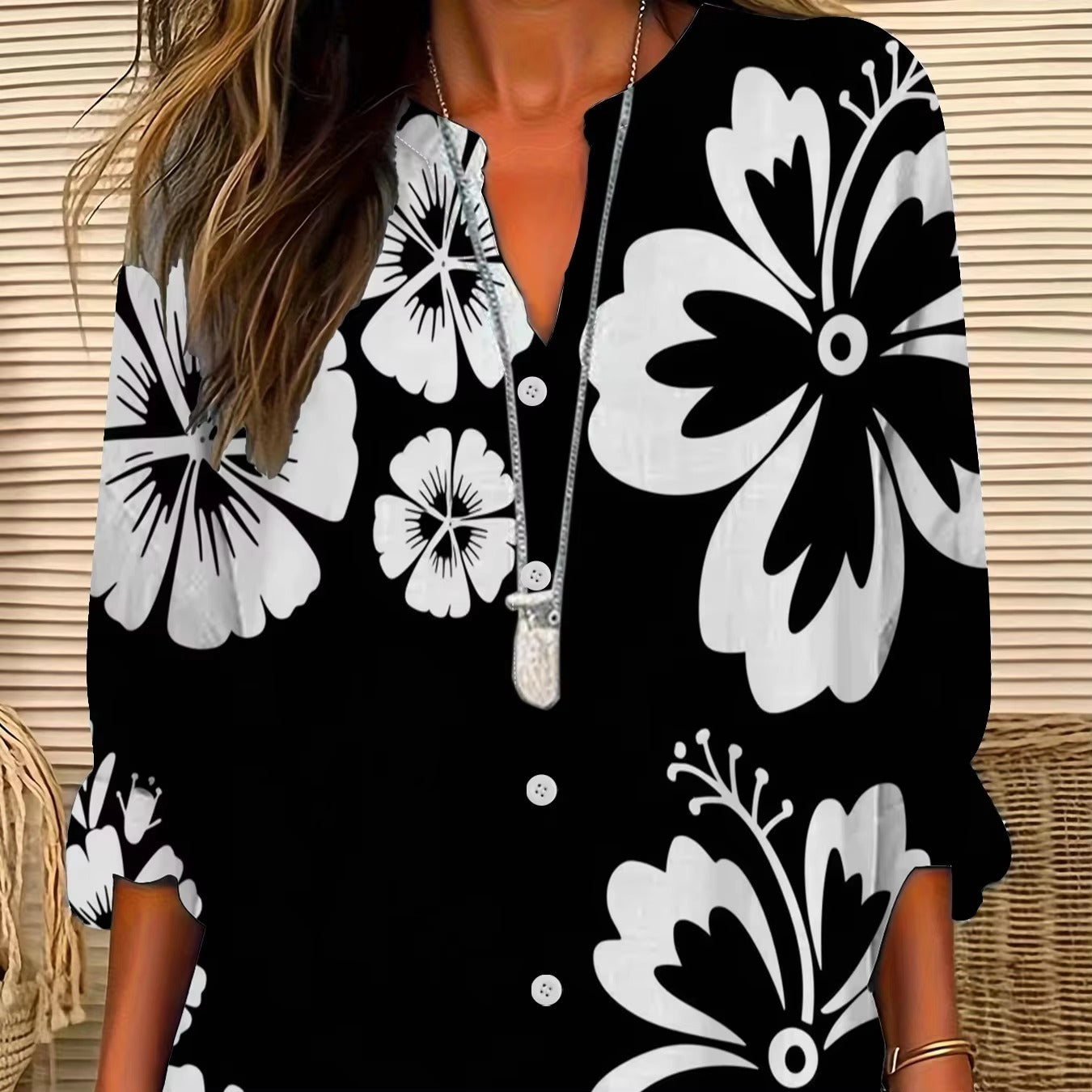 Wholesale Popular Women's Blouse – Black, Flower Pattern, Versatile