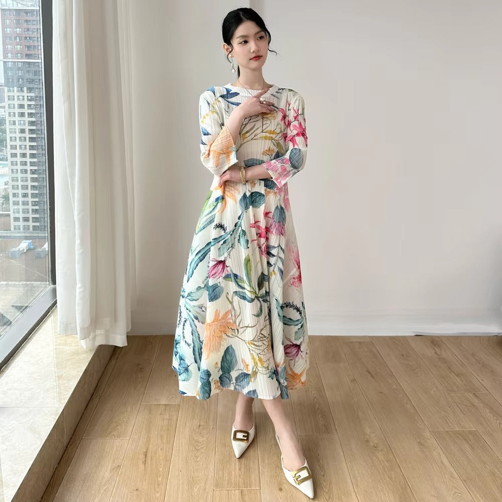 2025 Spring-Autumn Women's Pleated Dress – Large Size, Printed, Fashionable