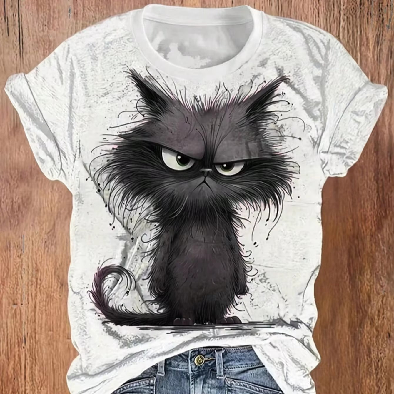 Brand New Women's T-shirt – Green, White Cat Pattern, Simple Casual Style