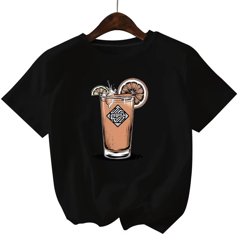 Wholesale Hot Sale Women's Plain T-shirt – Black, Minimalist Beverage Pattern, Printable