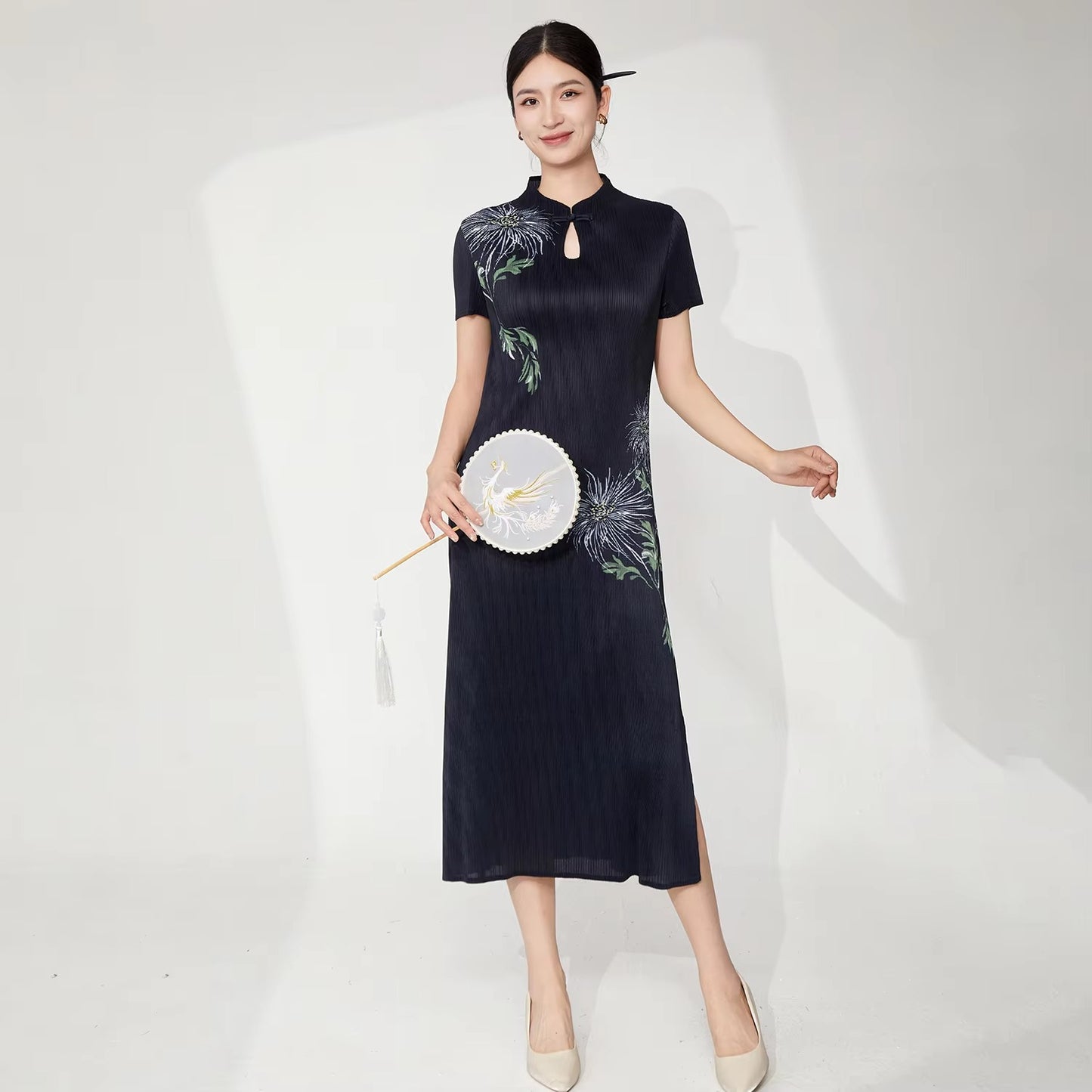 2025 New Arrival Women's Elegant Dress – High Quality, Vintage, Stretch, Pleated, Printed