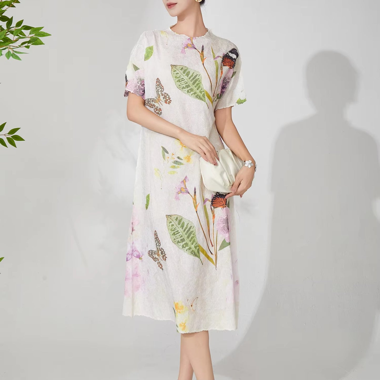 Factory-Direct Women's Summer Dress – Stretch, Printed, Short Sleeve, Pleated
