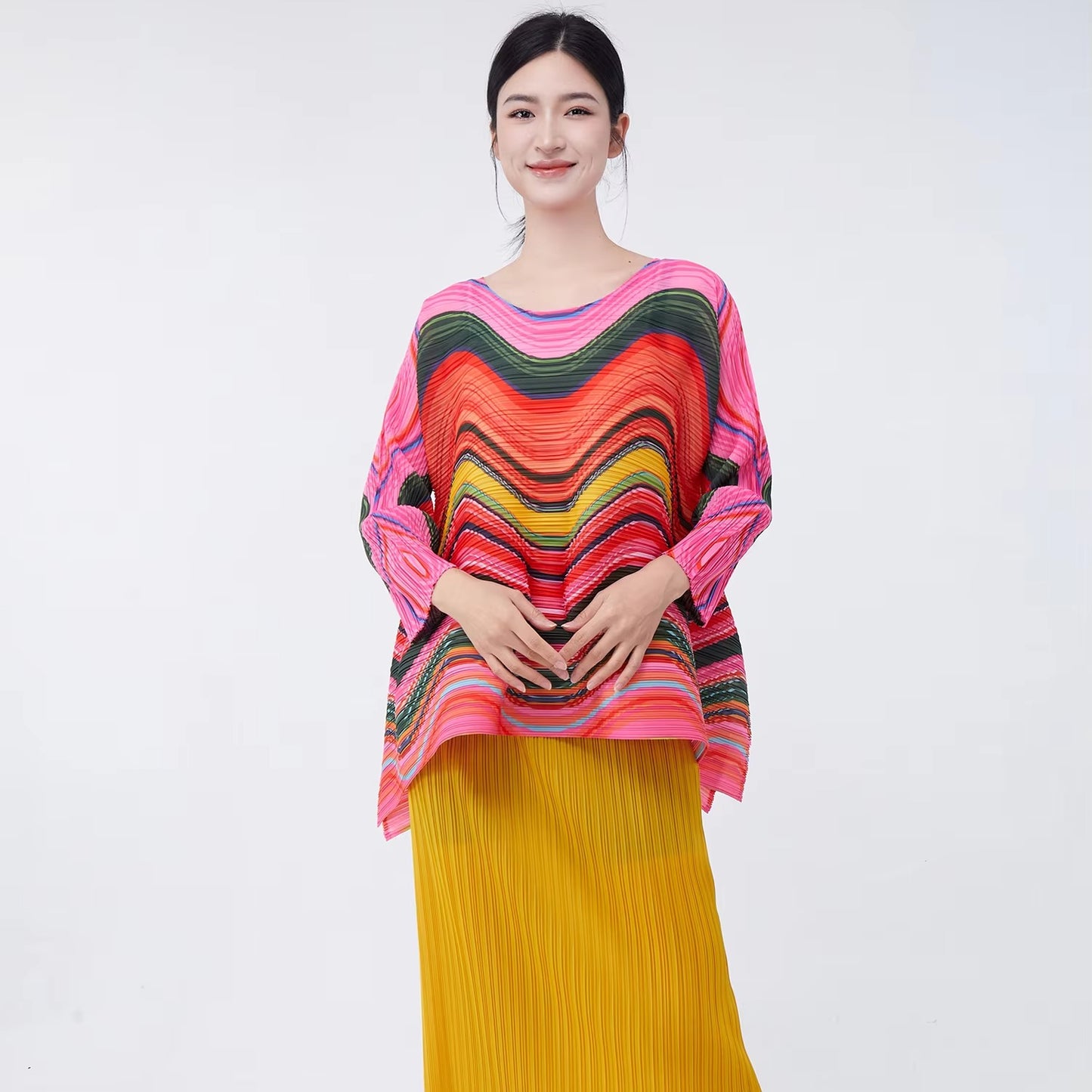 2025 New Miyake Pleated Women's Shirt – High-Quality Polyester, Vintage, Printed, Long-Sleeve