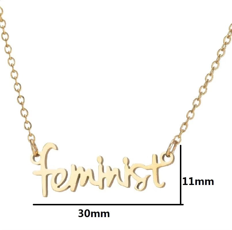 Feminist Charm Necklace – Stainless Steel, Gold-Plated, Wedding Jewelry
