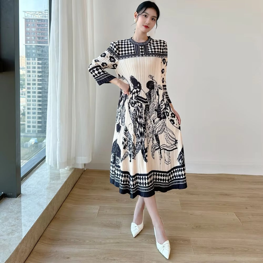 2025 Early Spring New Women's Printed National Style Dress – Pleated, Midi, Loose, Commuter, Natural Neck