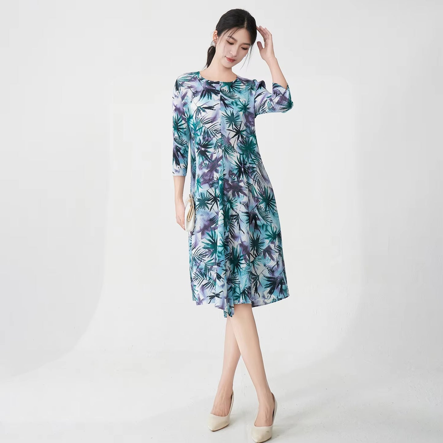 Factory-Quality Women's Summer Midi Dress – Pleated, Stretch, Printed, Elegant, Fast Delivery