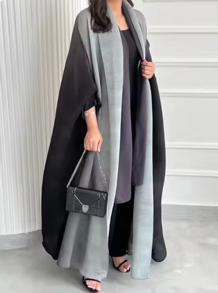 2025 Summer Women's Modest Dress – Gradient Pleated, Turndown Collar, Windbreak, Cardigan Style