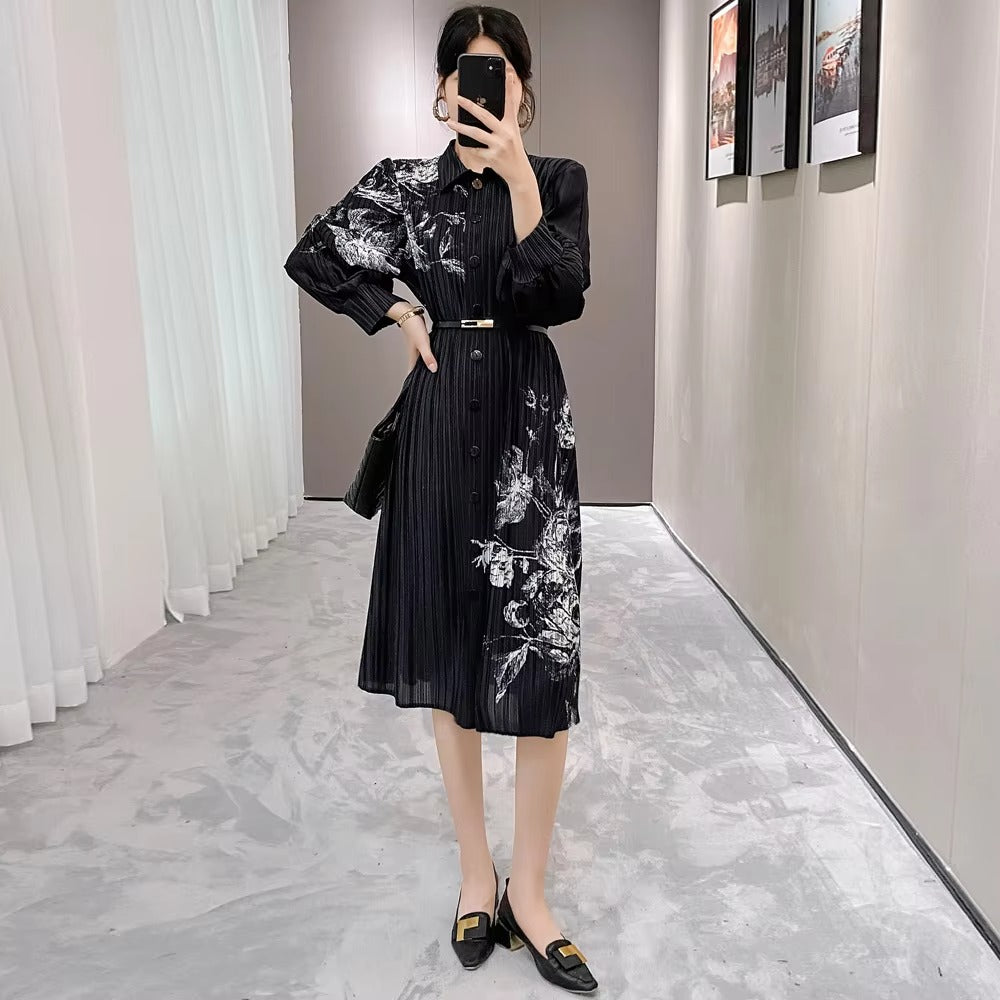 2025 Autumn New High-Grade Women's Pleated Midi Dress – Woven Waist, Slim Collar, Printed, Temperament, Suit Style
