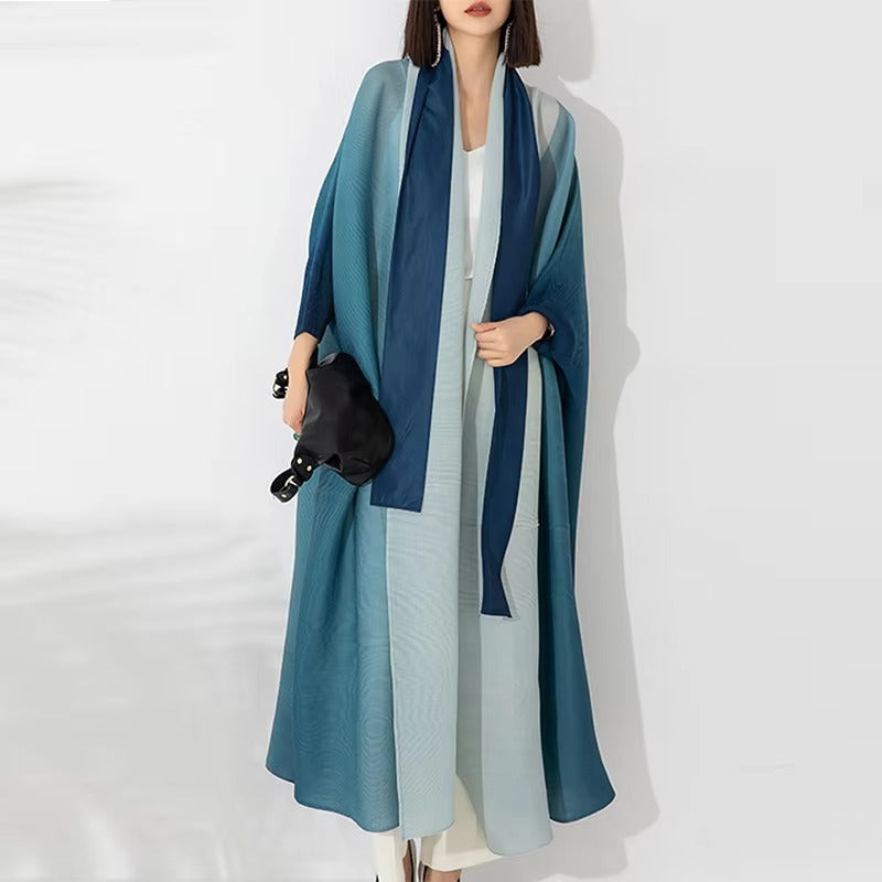 Plus Size Pleated Shawl Coat – Middle Eastern, Stylish, Gradient, Belted