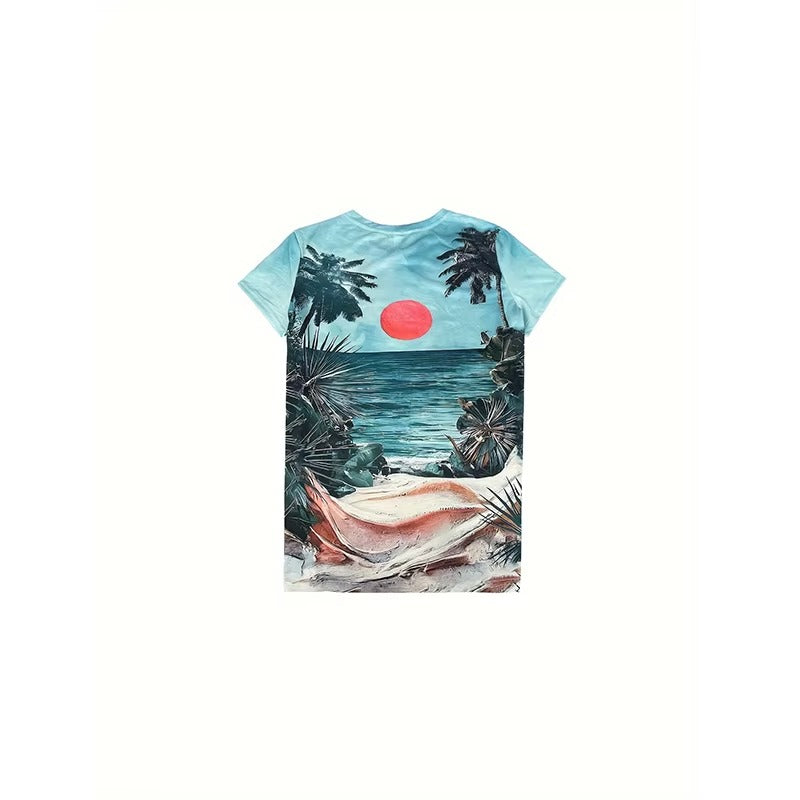Wholesale Hot Sale Women's T-shirt – Comfortable Fabric, Sky Blue, Sea Beach Pattern