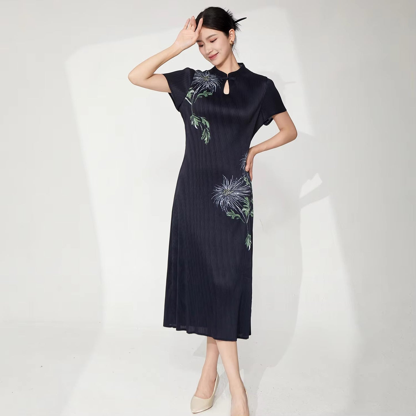 2025 New Arrival Women's Elegant Dress – High Quality, Vintage, Stretch, Pleated, Printed