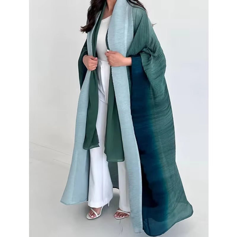 2025 Summer Women's Modest Dress – Gradient Pleated, Turndown Collar, Windbreak, Cardigan Style