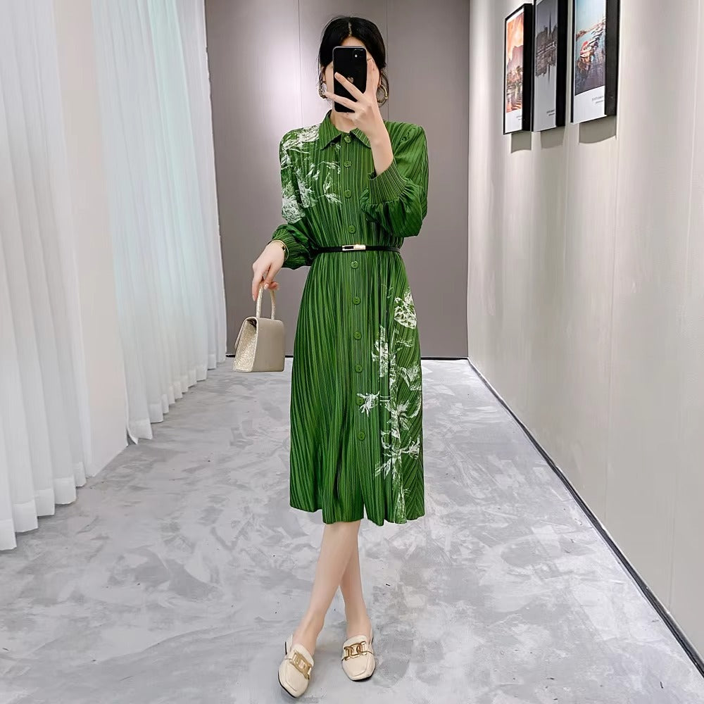 2025 Autumn New High-Grade Women's Pleated Midi Dress – Woven Waist, Slim Collar, Printed, Temperament, Suit Style