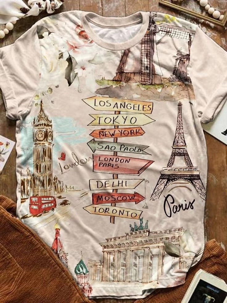 Wholesale Popular Women's T-shirt – Pink & Blue, Rabbit Pattern, Simple Casual, In Stock