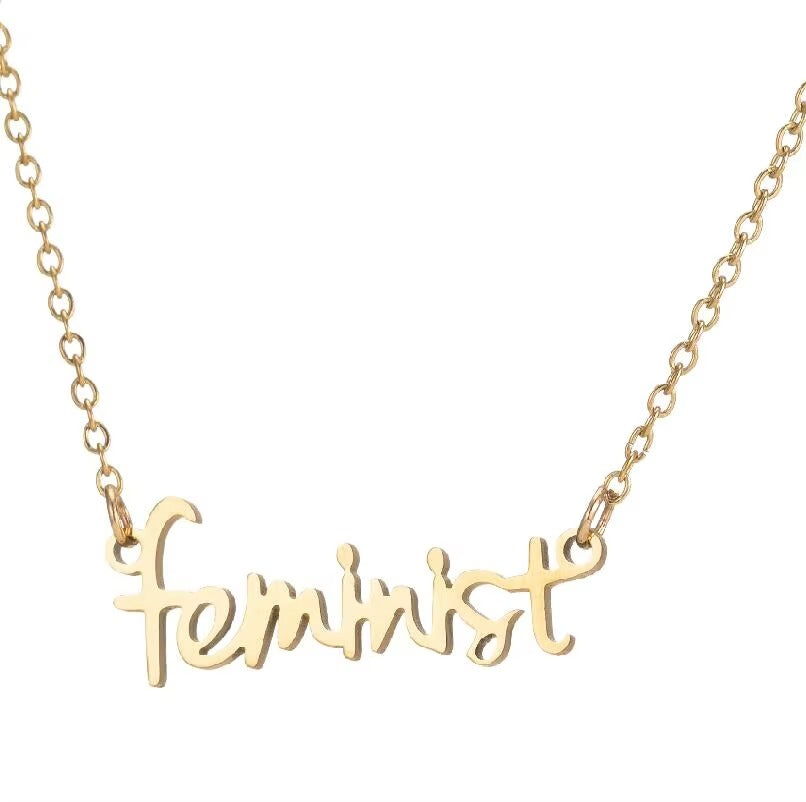 Feminist Charm Necklace – Stainless Steel, Gold-Plated, Wedding Jewelry