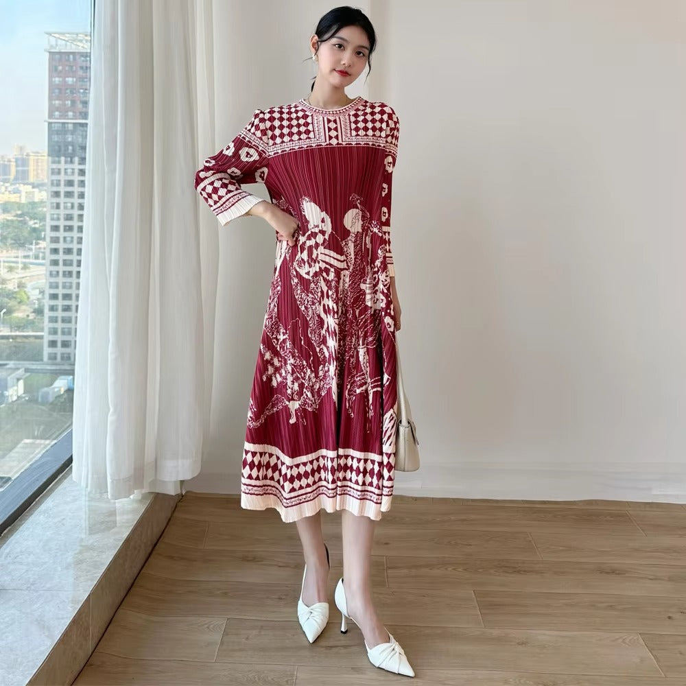 2025 Early Spring New Women's Printed National Style Dress – Pleated, Midi, Loose, Commuter, Natural Neck