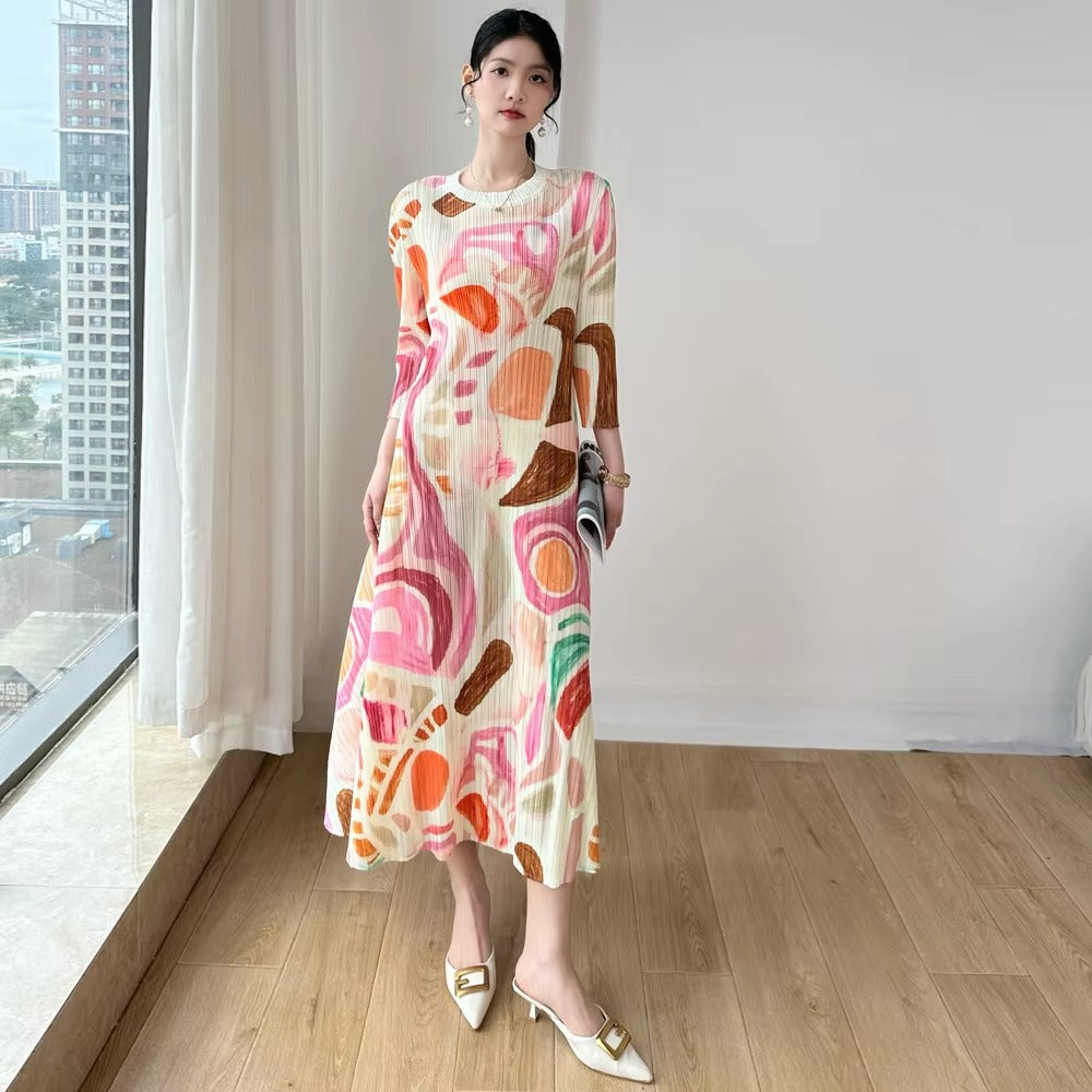 2025 Spring-Autumn Women's Pleated Dress – Large Size, Printed, Fashionable