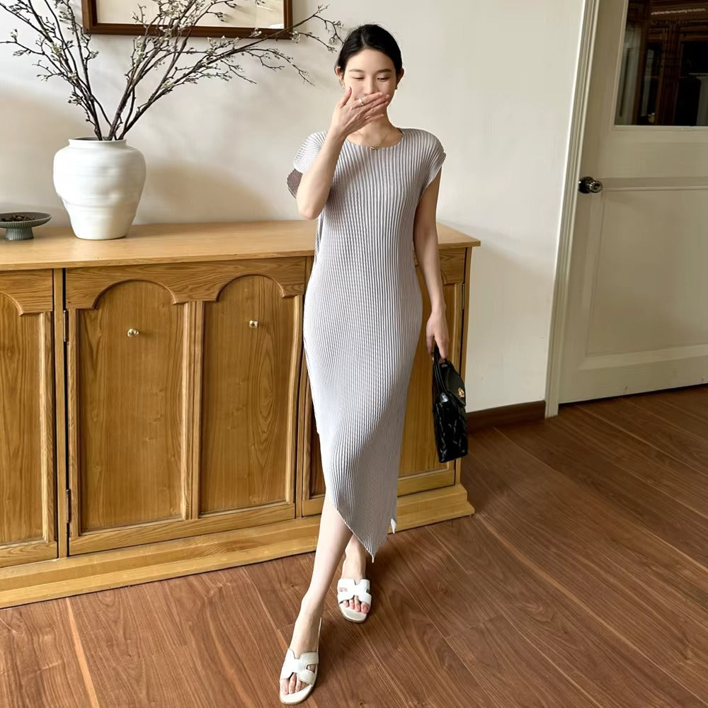 2025 Summer Women's Sleeveless Dress – Solid, Asymmetric Pleated, Plus Size, Factory Direct