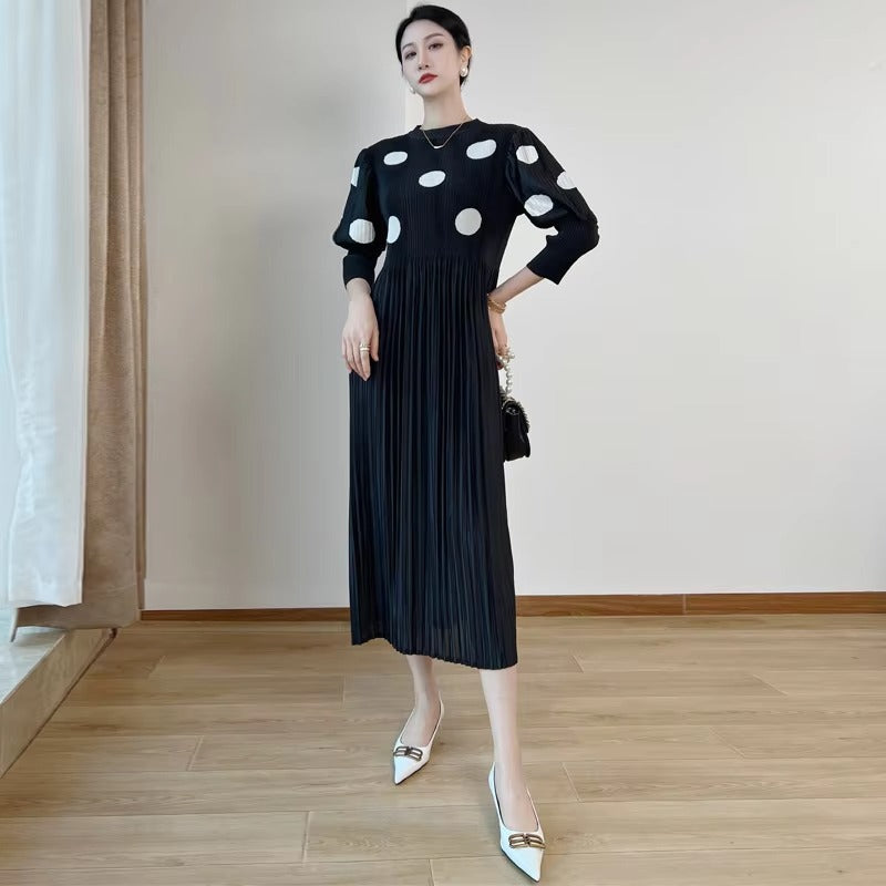 2025 Early Spring New Midi Dress – Neck Pleated, Polka Dot, Loose, Factory Direct