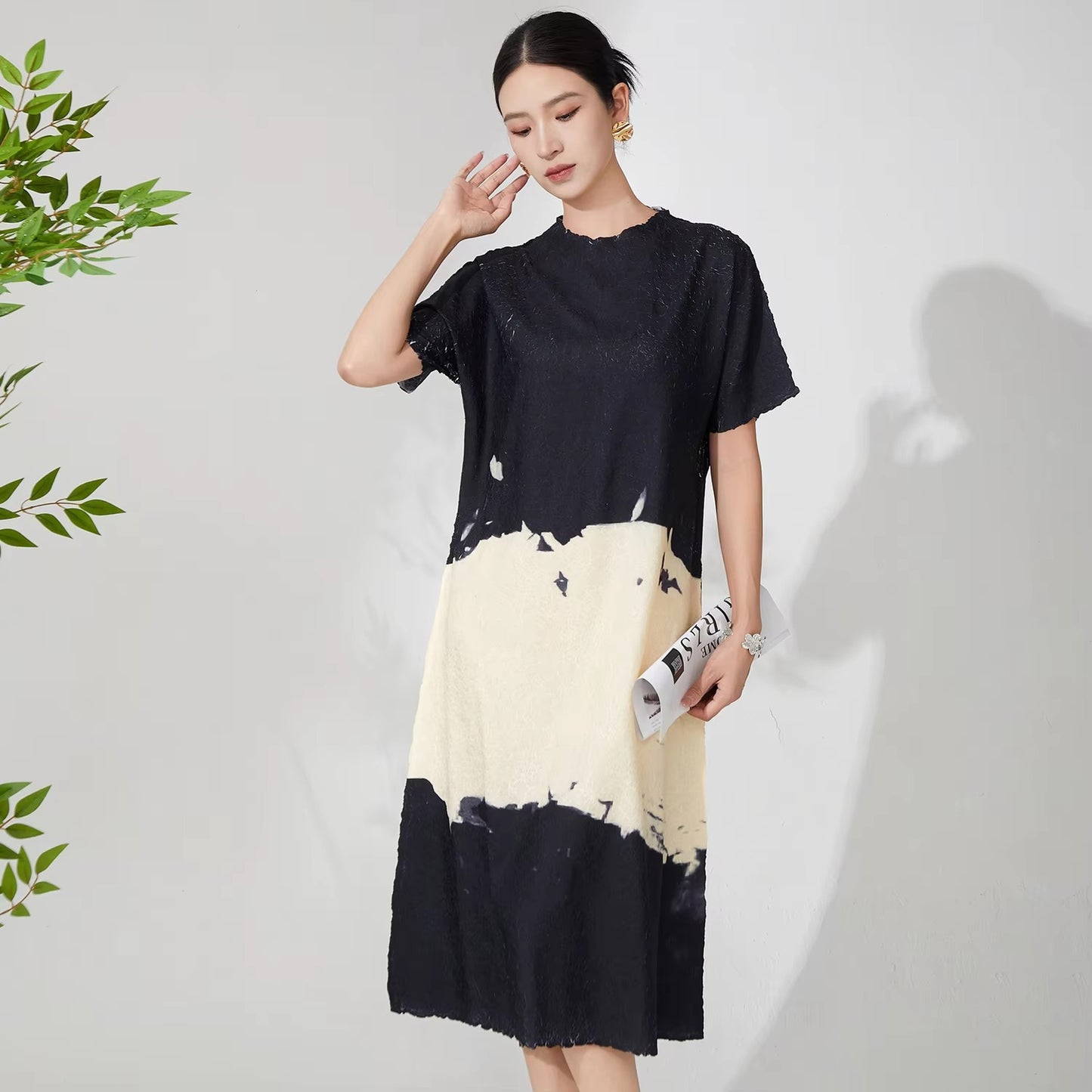 Factory-Direct Women's Summer Dress – Stretch, Printed, Short Sleeve, Pleated