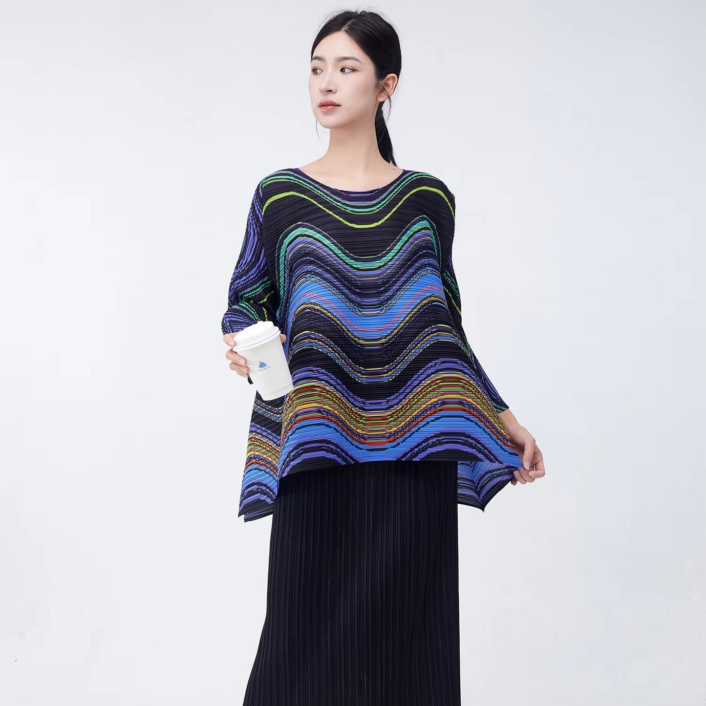 2025 New Miyake Pleated Women's Shirt – High-Quality Polyester, Vintage, Printed, Long-Sleeve