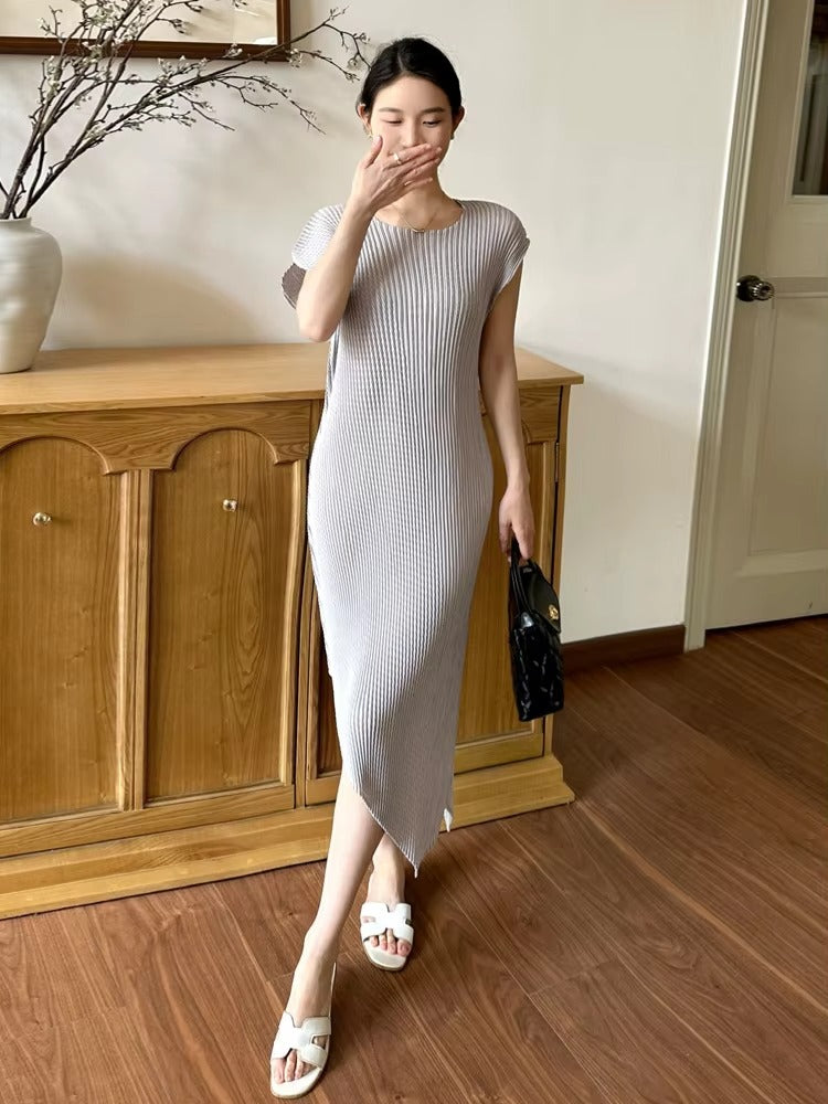 2025 Summer Women's Sleeveless Dress – Solid, Asymmetric Pleated, Plus Size, Factory Direct