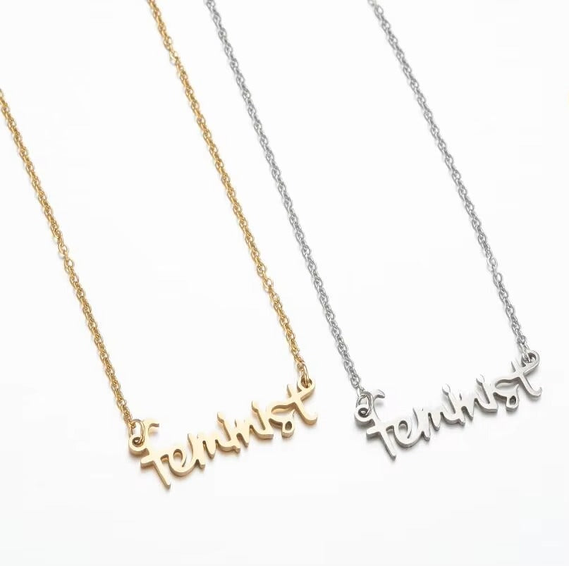 Feminist Charm Necklace – Stainless Steel, Gold-Plated, Wedding Jewelry