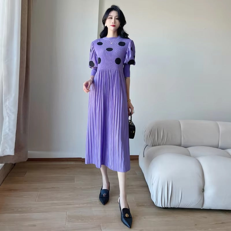 2025 Early Spring New Midi Dress – Neck Pleated, Polka Dot, Loose, Factory Direct