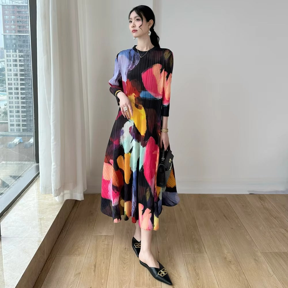 2025 Spring-Autumn Women's Pleated Dress – Large Size, Printed, Fashionable