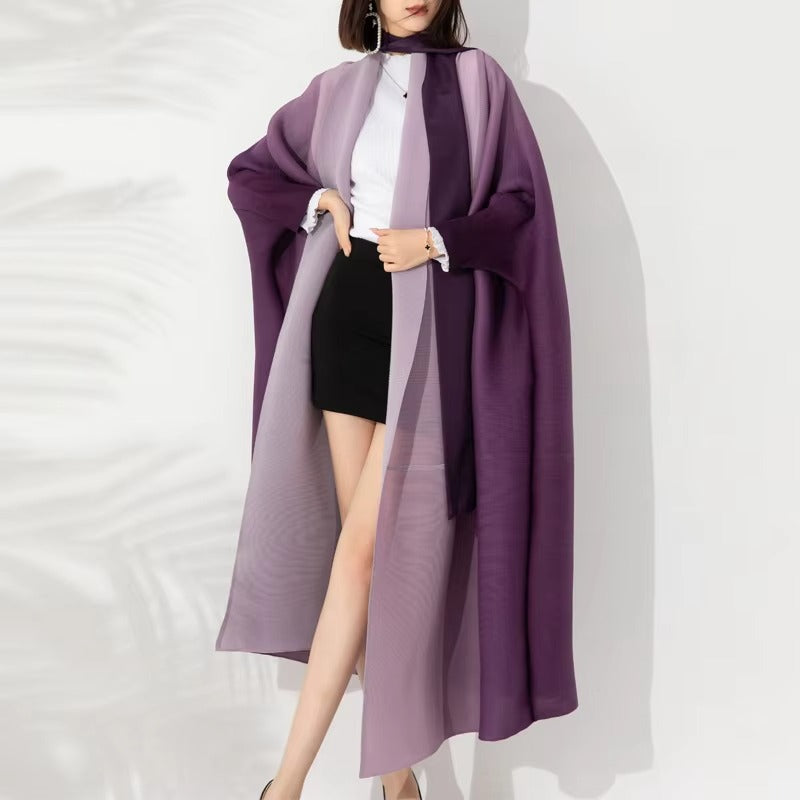 Plus Size Pleated Shawl Coat – Middle Eastern, Stylish, Gradient, Belted