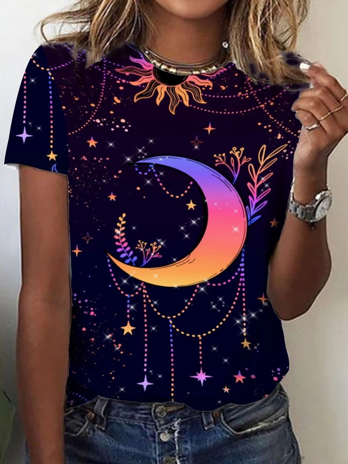 Wholesale Popular Women's T-shirt – Pink & Blue, Rabbit Pattern, Simple Casual, In Stock