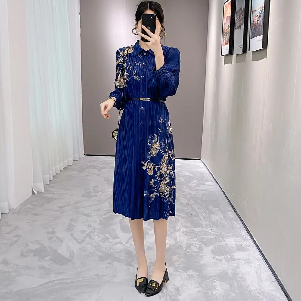2025 Autumn New High-Grade Women's Pleated Midi Dress – Woven Waist, Slim Collar, Printed, Temperament, Suit Style