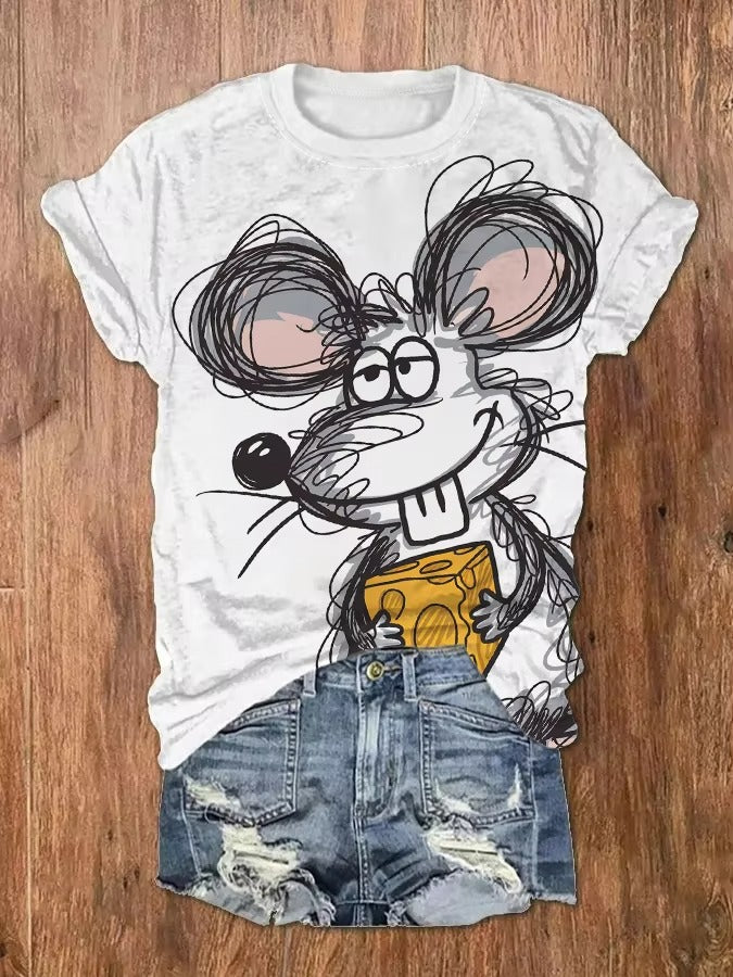 Brand New Women's T-shirt – Green, White Cat Pattern, Simple Casual Style