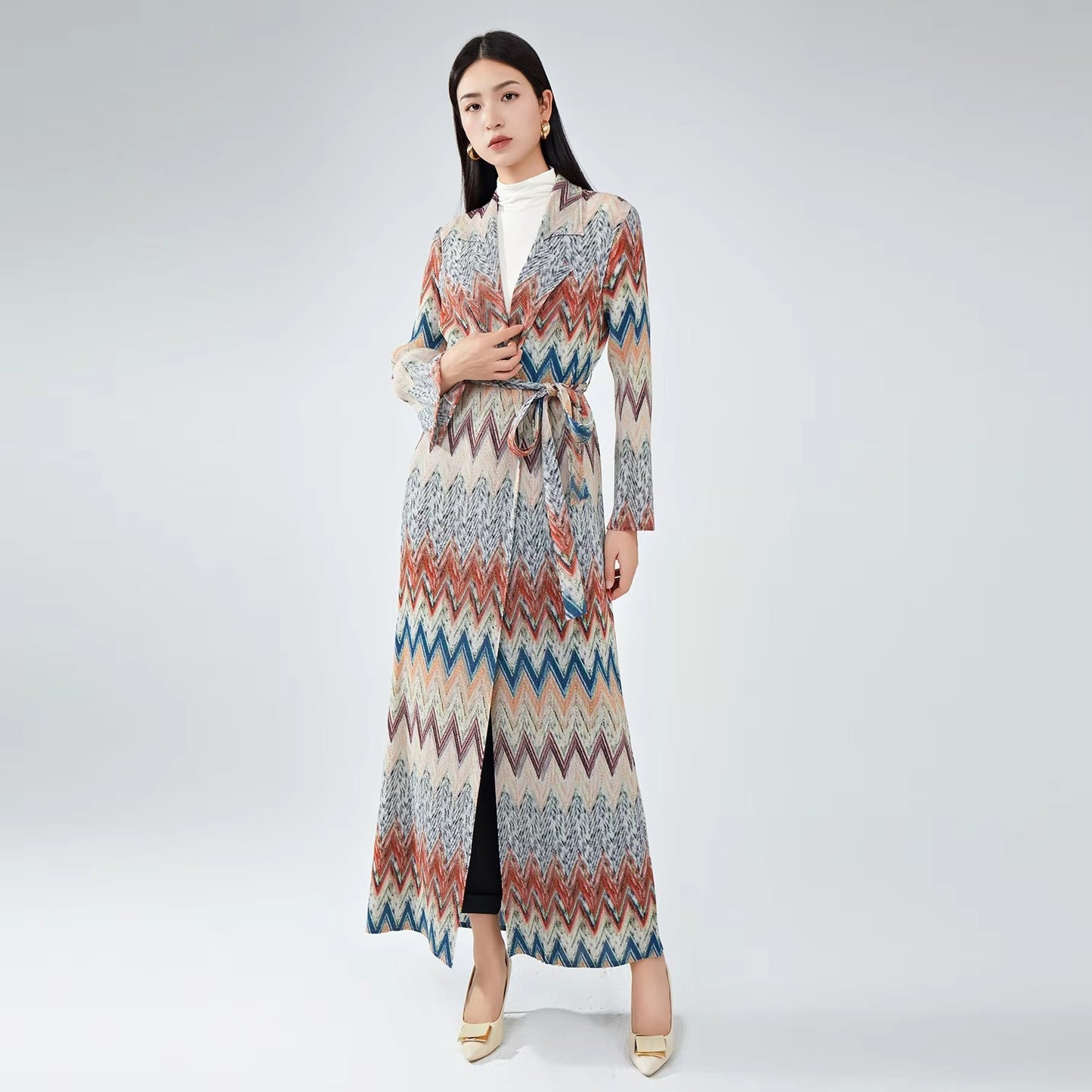 High-Quality Polyester Trench Coat – Muslim Women's, Belted, Pleated, Printed Kaftan