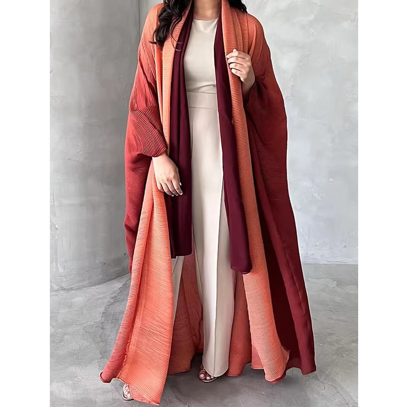 2025 Summer Women's Modest Dress – Gradient Pleated, Turndown Collar, Windbreak, Cardigan Style