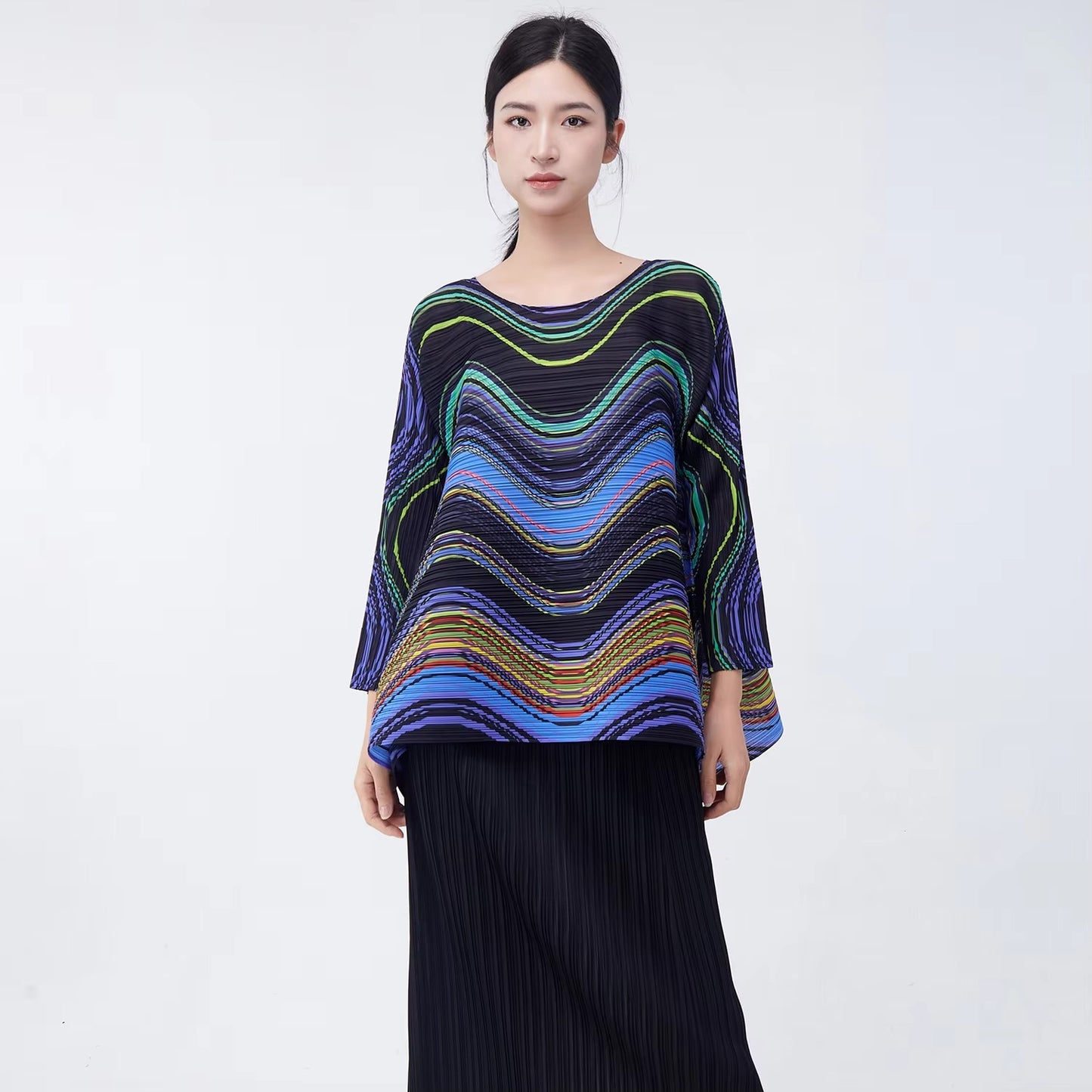 2025 New Miyake Pleated Women's Shirt – High-Quality Polyester, Vintage, Printed, Long-Sleeve