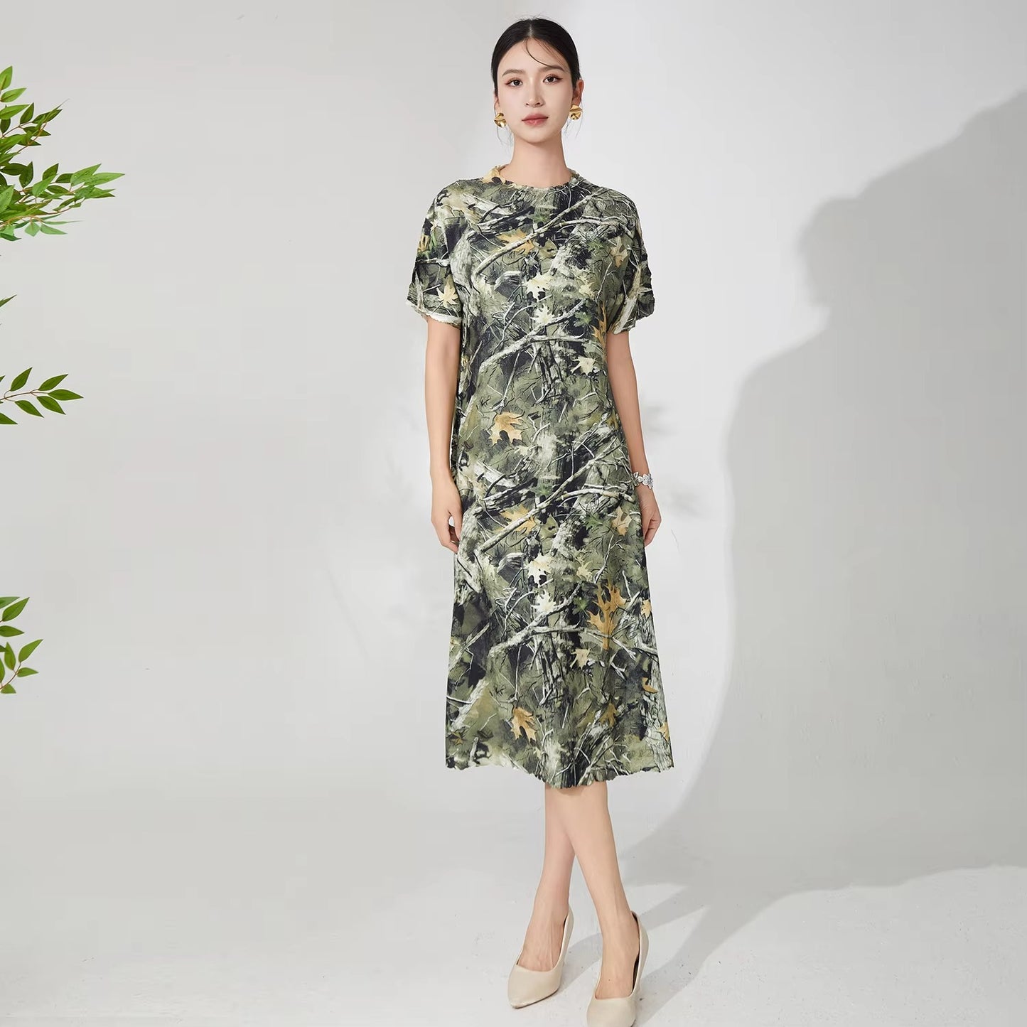 Factory-Direct Women's Summer Dress – Stretch, Printed, Short Sleeve, Pleated