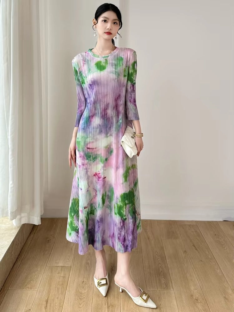 2025 Spring-Autumn Women's Pleated Dress – Large Size, Printed, Fashionable