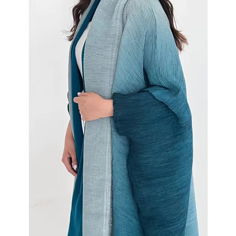 2025 Summer Women's Modest Dress – Gradient Pleated, Turndown Collar, Windbreak, Cardigan Style