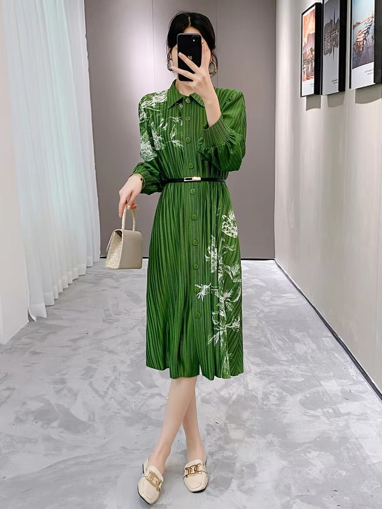2025 Autumn New High-Grade Women's Pleated Midi Dress – Woven Waist, Slim Collar, Printed, Temperament, Suit Style