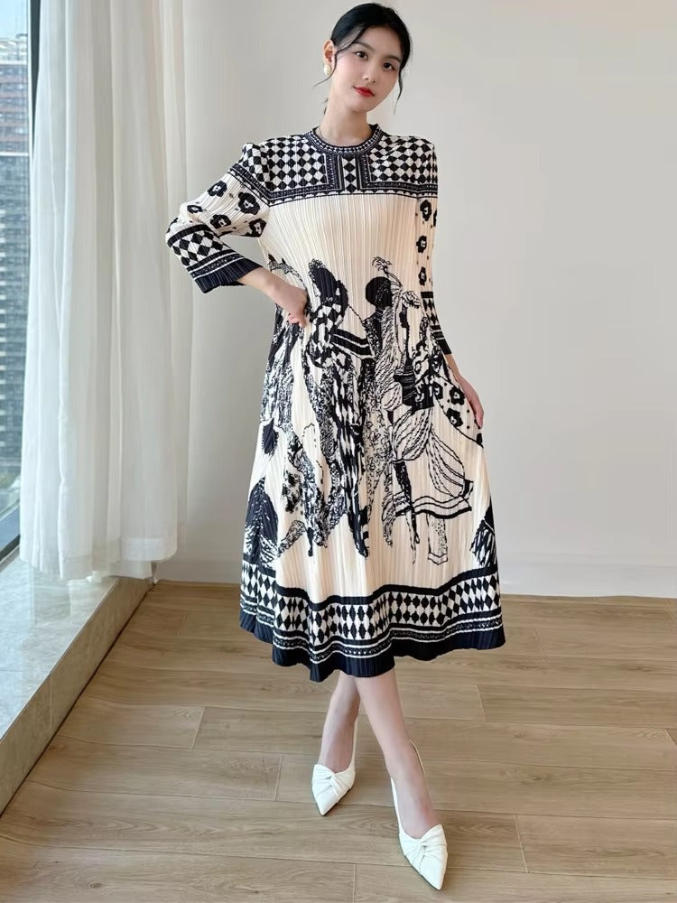 2025 Early Spring New Women's Printed National Style Dress – Pleated, Midi, Loose, Commuter, Natural Neck