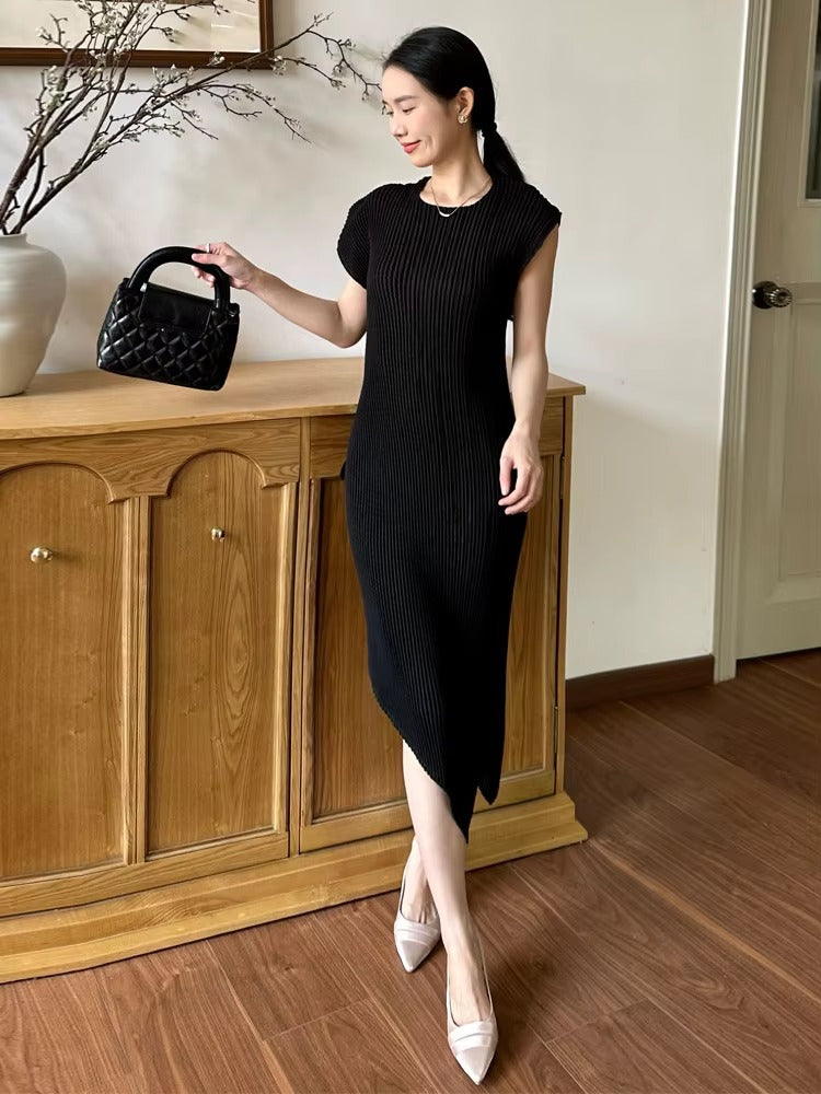 2025 Summer Women's Sleeveless Dress – Solid, Asymmetric Pleated, Plus Size, Factory Direct