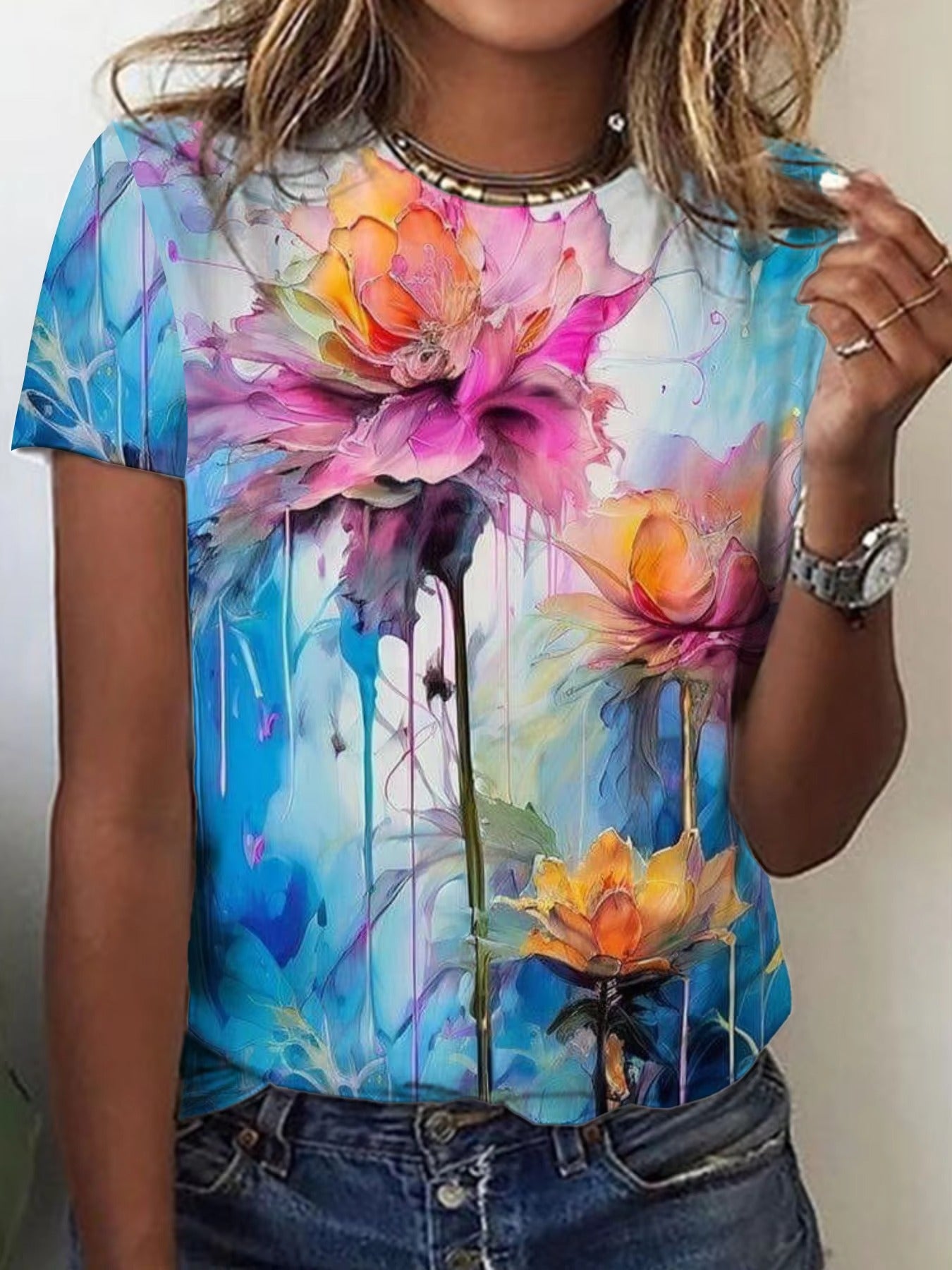 Brand New Women's T-shirt – Green, White Cat Pattern, Simple Casual Style