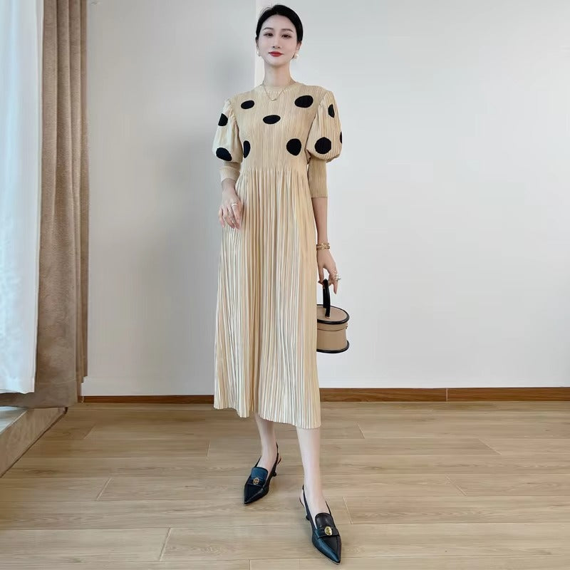 2025 Early Spring New Midi Dress – Neck Pleated, Polka Dot, Loose, Factory Direct