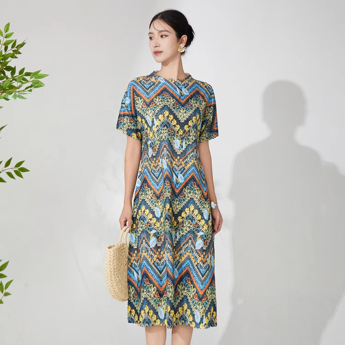 Factory-Direct Women's Summer Dress – Stretch, Printed, Short Sleeve, Pleated