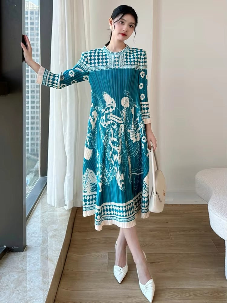 2025 Early Spring New Women's Printed National Style Dress – Pleated, Midi, Loose, Commuter, Natural Neck