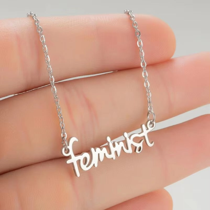 Feminist Charm Necklace – Stainless Steel, Gold-Plated, Wedding Jewelry