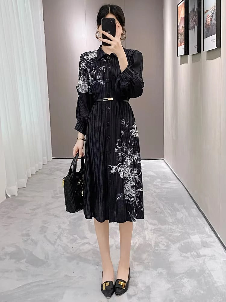 2025 Autumn New High-Grade Women's Pleated Midi Dress – Woven Waist, Slim Collar, Printed, Temperament, Suit Style