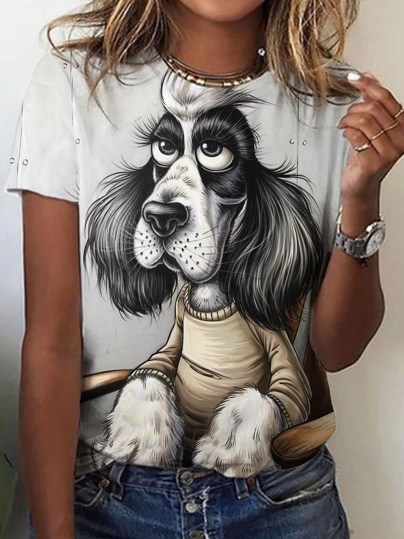 Brand New Women's T-shirt – Green, White Cat Pattern, Simple Casual Style