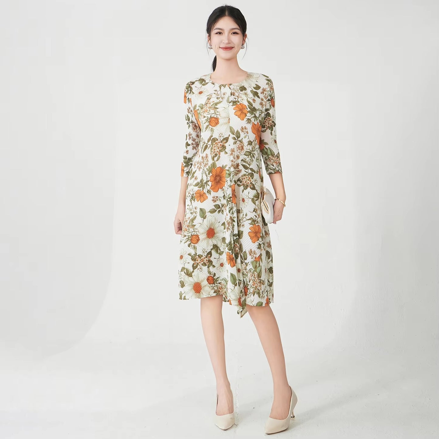 Factory-Quality Women's Summer Midi Dress – Pleated, Stretch, Printed, Elegant, Fast Delivery